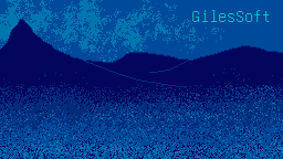 A pixel painting of mountains with the GilesSoft logo in the sky